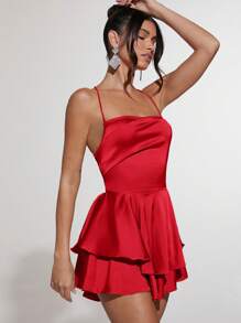 SHEIN BAE Women'S Backless Bandage Satin Cami Jumpsuit, Christmas Dress