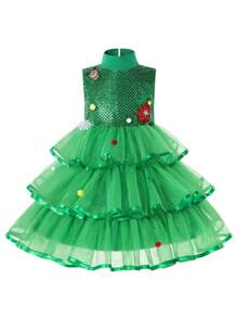 小女孩網布拼接分層下擺正裝洋裝 - 綠色 - 查看 1