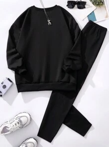 Thiếu niên Cô gái Lá thư In Áo nỉ Và Quần Bộ - màu đen - Xem 2