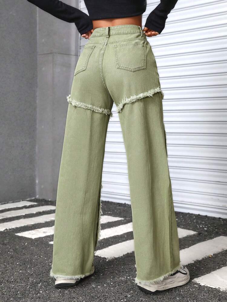 High Waisted Flared Jeans With Frayed Hemline