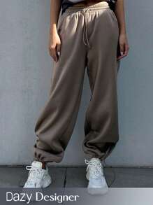 Dazy Designer 女款抽繩腰部和彈性袖口寬鬆運動褲 - 杏色 - 查看 1