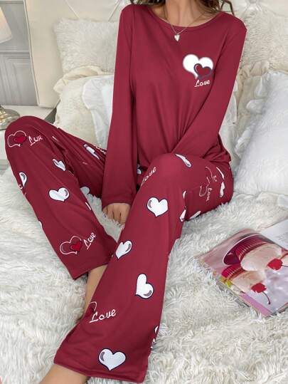 Full Printed Heart Letter Long Sleeve Top Pants Pyjama Set, Fall Clothes view 4