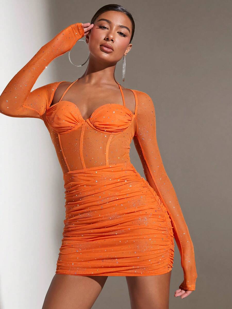 SHEIN BAE Xếp li Lung linh Đầm - trái cam - Xem 1
