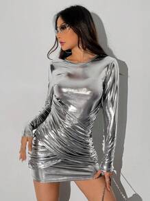 Allurite Srebrny Brokat Długi Rękaw Dopasowana sukienka