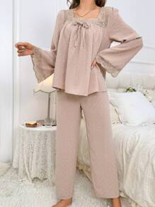 Lace Trimmed Bell Sleeve Top And Pants Pajama Set - Apricot - View 5