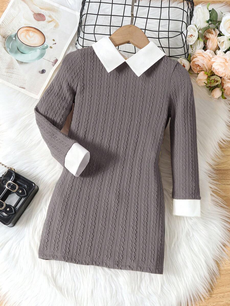 SHEIN Cô Gái Trẻ Cổ áo tương phản Xoắn Dan Đầm - Xám - Xem 1