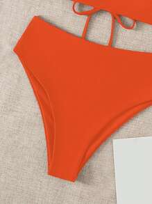 SHEIN Swim 夏季海灘無線實色無肩帶二件式比基尼泳衣，游泳衣 - 橘色 - 查看 3