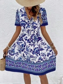 SHEIN VCAY Floral Print Puff Sleeve A-line Dress - Blue - View 3