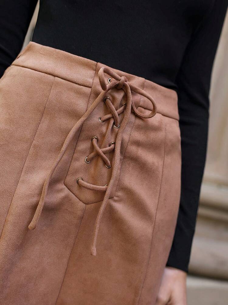 Lace Up Front Solid Skirt Winter Brown Casual