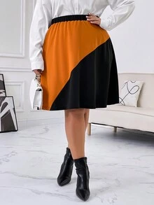 SHEIN Privé 大尺碼拼色及膝半身裙 - 彩色 - 查看 5