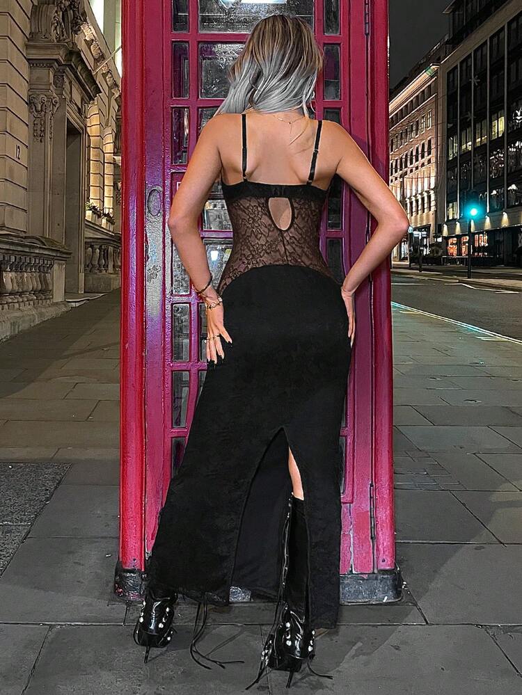 Y2k Summer Lace Splicing Women's Sleeveless Black Long Dress