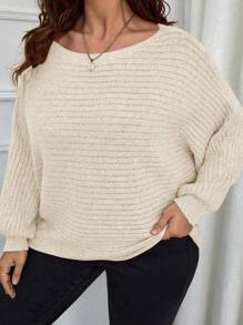 SHEIN LUNE Talla grande Jersey de manga murciélago tejido de canalé - Camel - Ver 4