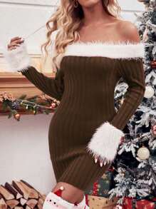 Chiquease Ladies' Patchwork Furry Ribbed Knit Long Sleeve Sweater Dress Fall Cloth For Women - Coffee Brown - View 3