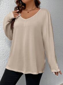 SHEIN Privé Plus Size Solid Color V-neck Loose Casual T-shirt - Apricot - View 4