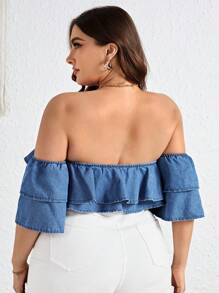 SHEIN VCAY 大码露肩荷叶边牛仔上衣 - 中等水洗藍 - 查看 6