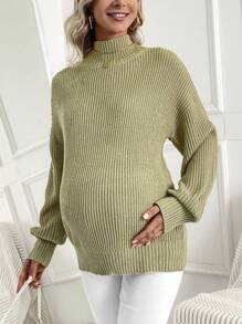 SHEIN Maternity Solid Color High Neck Rib Knit Sweater, For Winter - Green - View 5