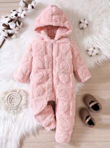 SHEIN Cô Gái Trẻ Hình trái tim áo có mũ Teddy Áo liền quần - Hồng - Xem 1