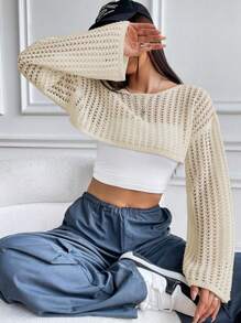 SHEIN Unity Women's Solid Color Hollow Cropped Sweater,Long Sleeve Tops Knit Pullover Fall Winter Sweater - Apricot - View 5
