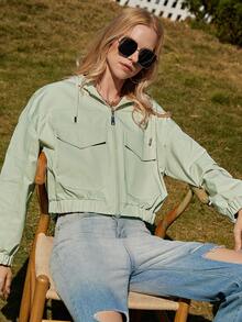ZIAI 女式前拉鍊連帽夾克,帶蓋口袋和抽繩 - 綠色 - 查看 5