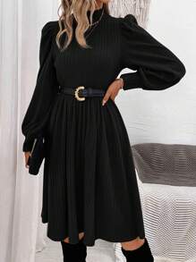 SHEIN LUNE Của phụ nữ Sọc Một nửa Cổ áo cao Đầm - màu đen - Xem 3