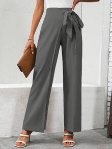 SHEIN Clasi Two Tone Knot Side Straight Leg Pants - Dark Grey - View 4