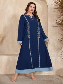 Al Najma Plus Size Notched Collar Flouncing Edge Joint Long Sleeve Dress Kaftan Jalabiya Dress - Dusty Blue - View 3