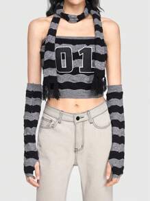ROMWE Grunge Punk Street Style Outdoor Knitted Top For Women With Letter Patch, Embroidered Flower And Black & Grey Stripes Design, Comes With Sleevelet And Scarf - Black - View 7