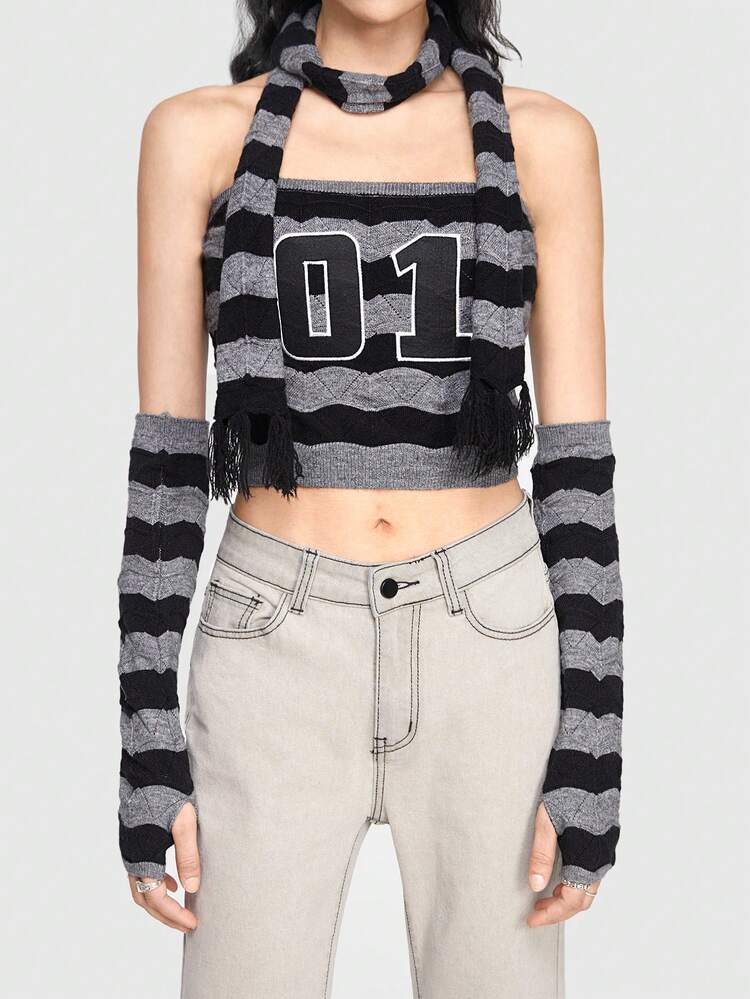Street Style Outdoor Knitted Top For Women With Letter Patch, Embroidered Flower And Black & Grey Stripes Design, Comes With Sleevelet And Scarf