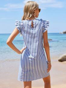 SHEIN VCAY Striped & Print Holiday Ruffle Trim Strapless Dress