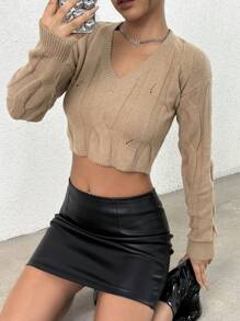 Flirla Suéter corto y recortado de punto de unicolor para mujer, para otoño e invierno - Caqui - Ver 1