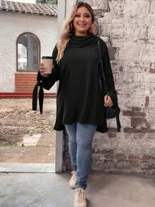 SHEIN LUNE Kích thước lớn Chất rắn cổ áo xếp nếp Coa dây Tay áo chuông Áo thun - màu đen - Xem 5