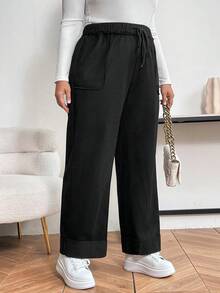 SHEIN Franclia Quần dài giữ nhiệt dáng rộng ống đứng màu trơn có túi buộc eo cỡ lớn cho nữ, mùa thu/đông - màu đen - Xem 3