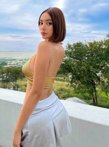 SHEIN ICON Cross Backless Halterneck Tank Top - Gold - View 3