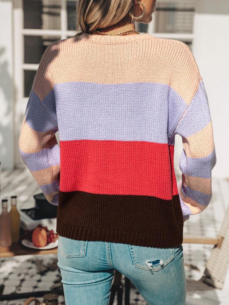 Drop Shoulder Color Block Knit Pullover Fall Winter Sweater
