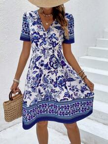 SHEIN VCAY Floral Print Puff Sleeve A-line Dress - Blue - View 6