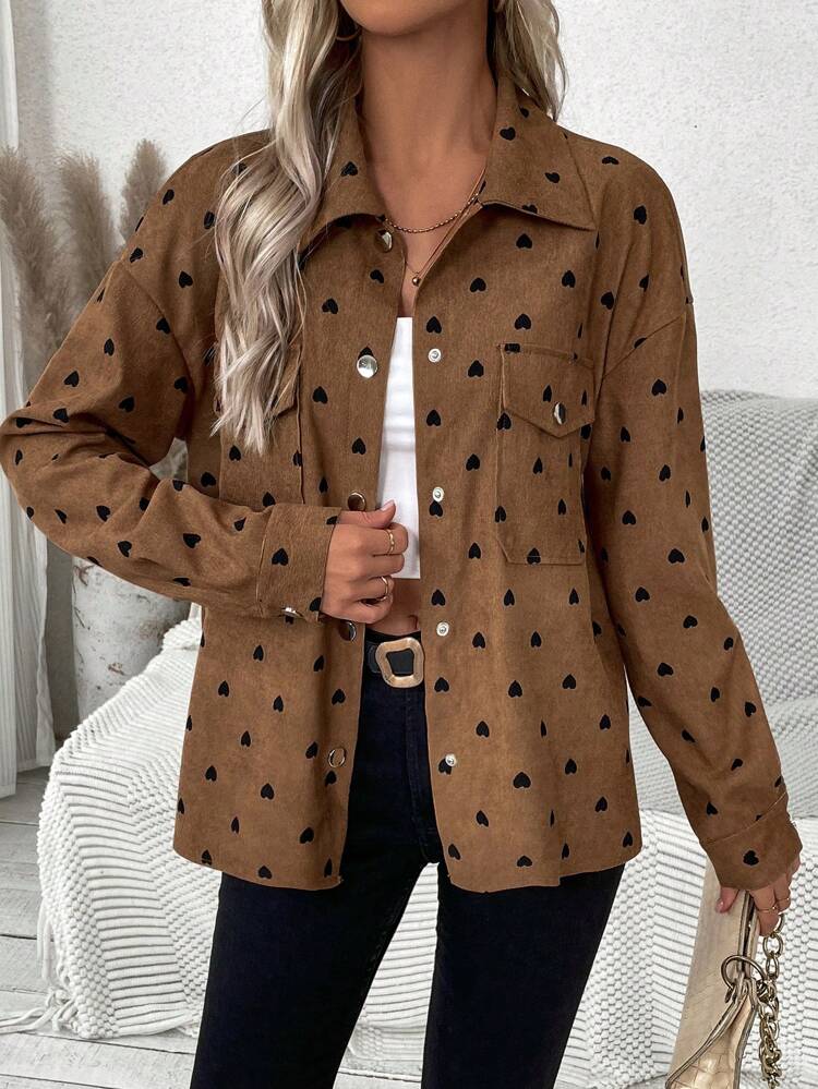 Snap Buckle Heart Print Drop Shoulder Jacket