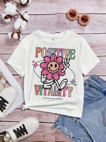SHEIN Tween Girls' Casual Cartoon Pattern Short Sleeve T-shirt Suitable For Summer - White - View 1
