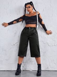 SHEIN Allurite Plus Size Casual And Simple Plain Color Capri Pants