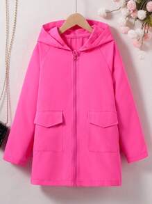 SHEIN Tween Girls' Solid Color Zipper Closure Hooded Jacket With Raglan Sleeves - Hot Pink - View 1
