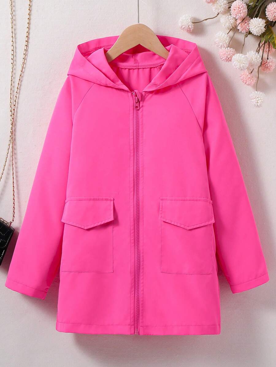 SHEIN Tween Girls' Solid Color Zipper Closure Hooded Jacket With Raglan Sleeves - Hot Pink - View 1