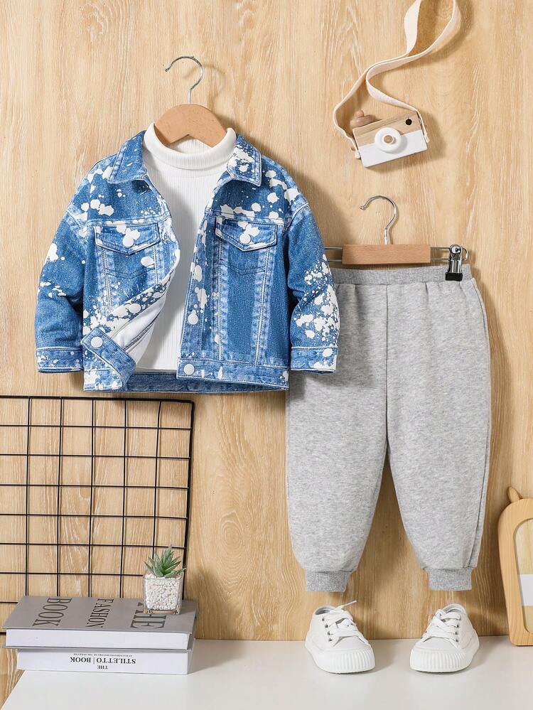Unisex Baby Cool Graffiti Denim Effect Jacket With Elastic Waist Pants Set