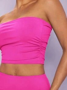 SHEIN BAE 女性褶皺款無肩帶上衣和裙子套裝 - 玫紅色 - 查看 3