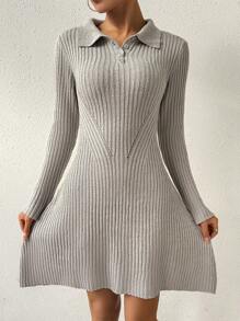 Flirla Của phụ nữ Cổ Polo Đầm Áo len - Xám - Xem 6