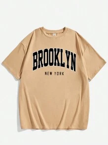 男孩字母印花休閒短袖 T 卹 - 卡其色 - 查看 1