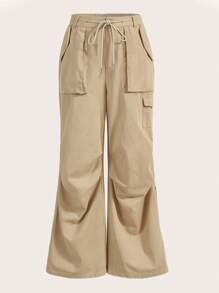 SHEIN EZwear Zipper Fly Foot Loose Fit Cargo Pants - Khaki - View 2