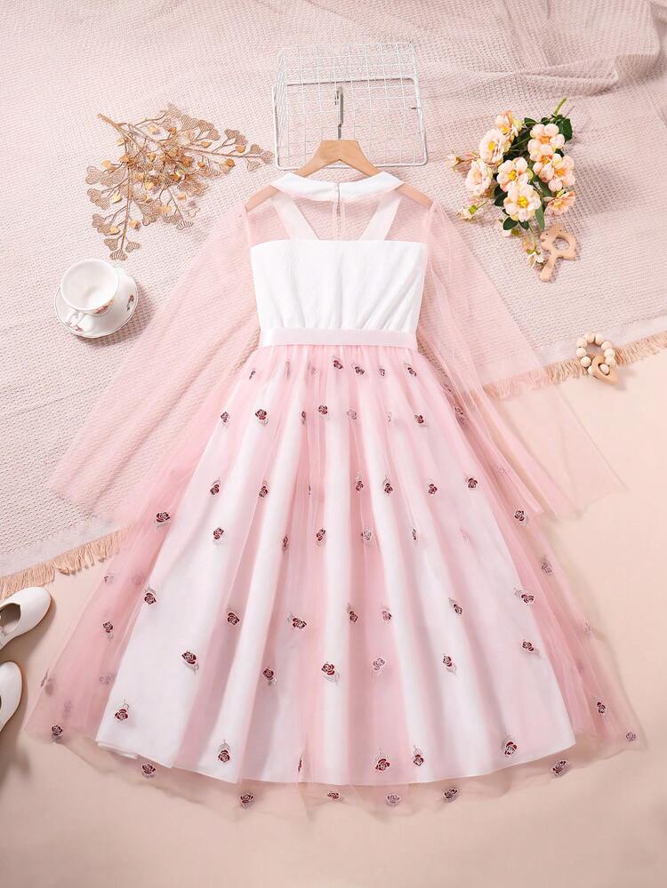 Teen Girls' Chinese Style Han Element Rose Embroidery Stand Collar Long Dress