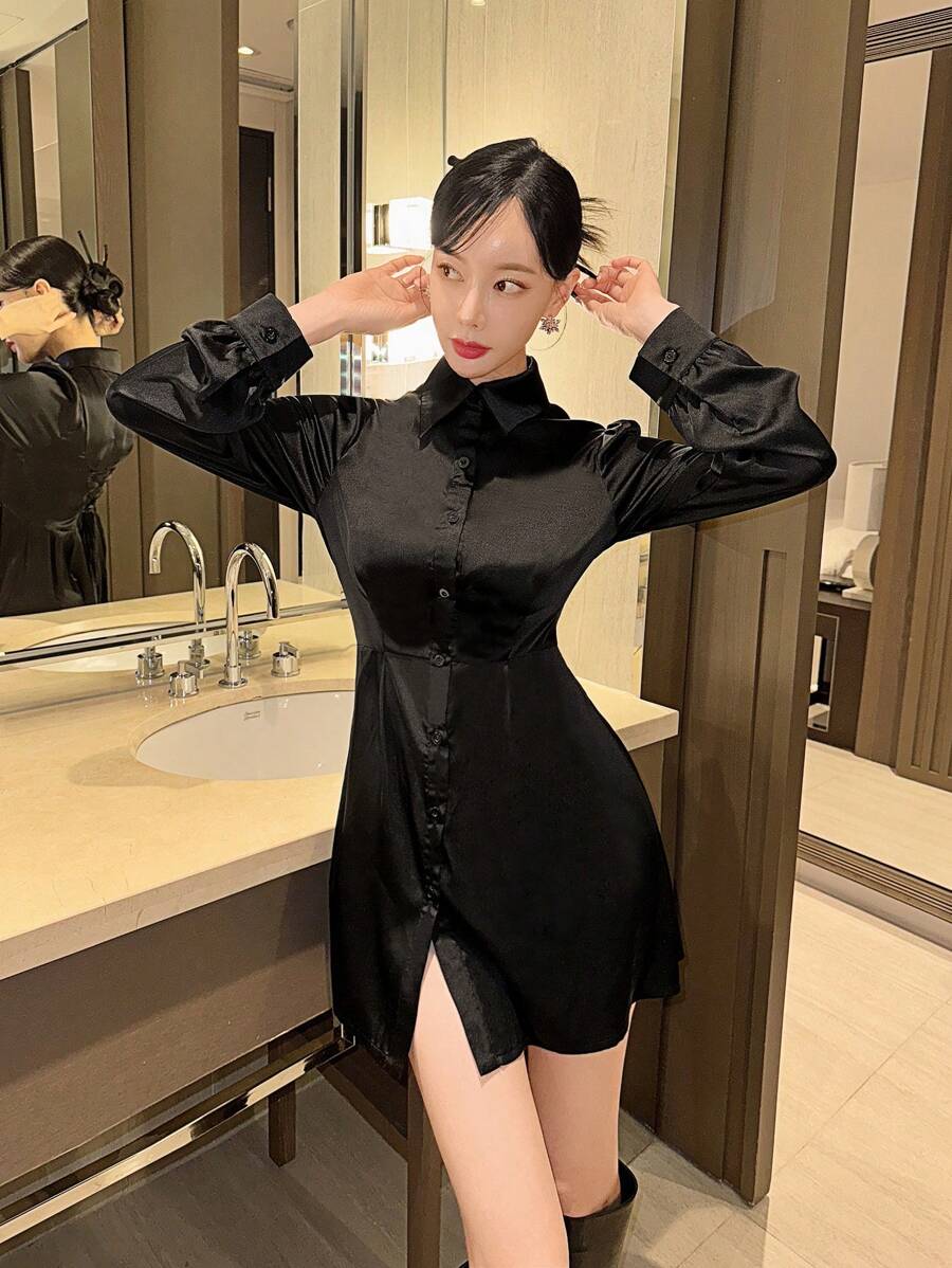 EastFlair Ren Trở lại Tay áo dài Váy sơ mi - màu đen - Xem 1