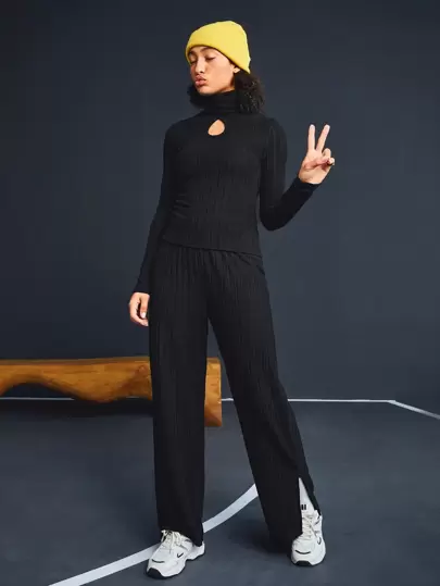 Street Sport Women'S Ribbed Long Sleeve T-Shirt And Split Wide Leg Sports Pants Set