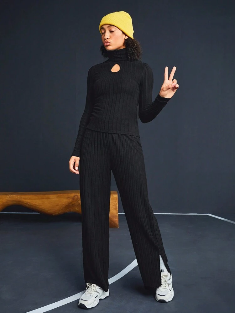 Women'S Ribbed Long Sleeve T-Shirt And Split Wide Leg Sports Pants Set
