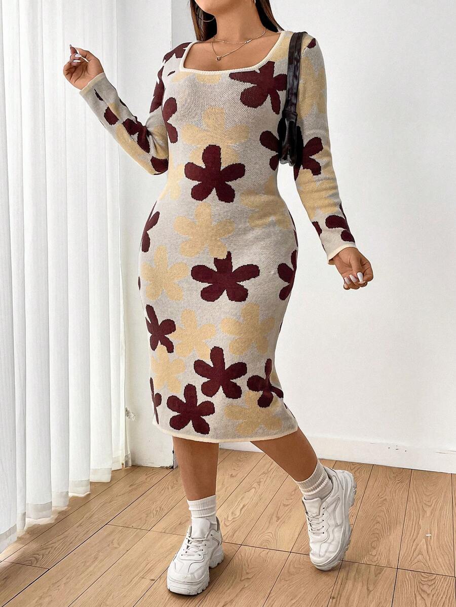 Flirla Women's Plus Size Flower Pattern Sweater Dress - Apricot - View 1